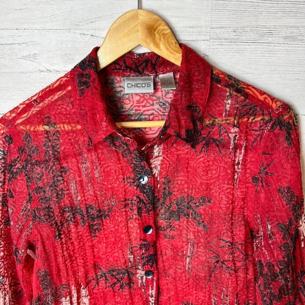 Chicos Blouse Womens SZ 1 / M Red, Black & White Floral Bamboo Print Linen Blend - Picture 6 of 15
